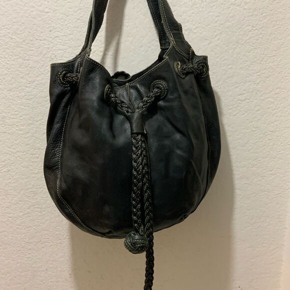 Fossil Black Leather Bucket Bag Braided Drawstring Shoulder Strap white stitches - Picture 3 of 16